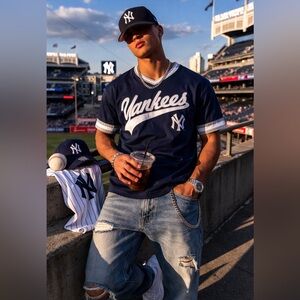 Vintage NY Yankees V Neck Jersey Shirt Cooperstown Stitches Throwback MLB NWT